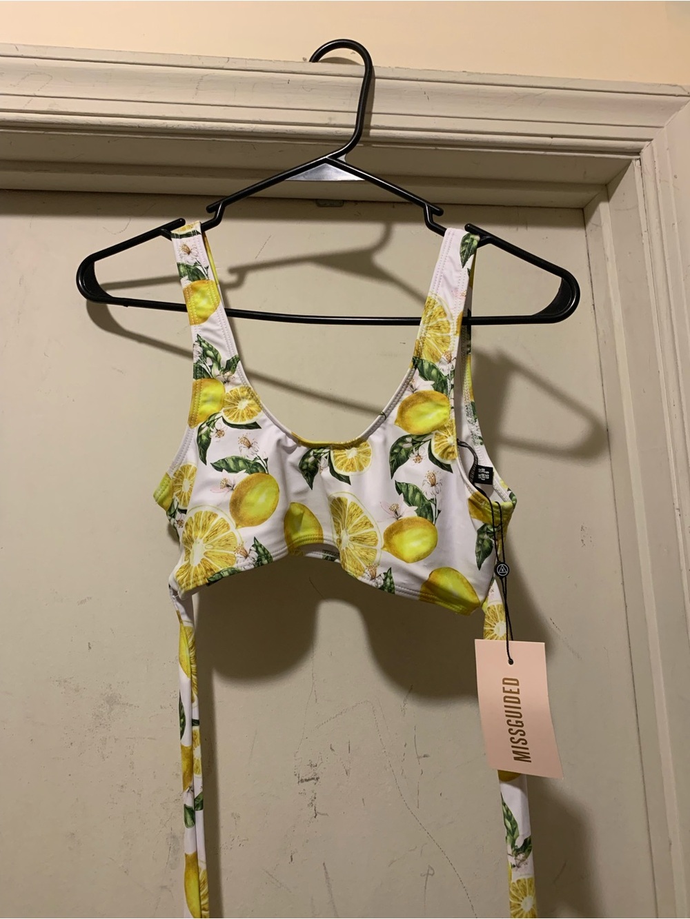 Missguided White Lemon Print Tie-Back Bikini Top